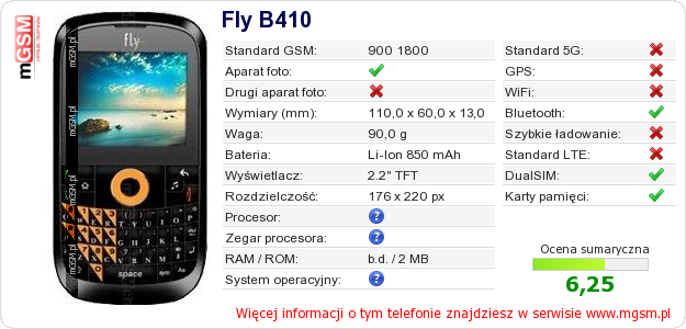 Dane telefonu Fly B410