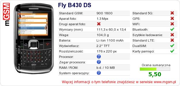 Dane telefonu Fly B430 DS