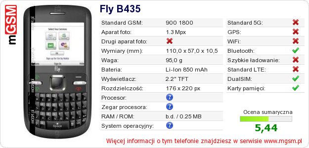 Dane telefonu Fly B435 Dane telefonu Fly B435