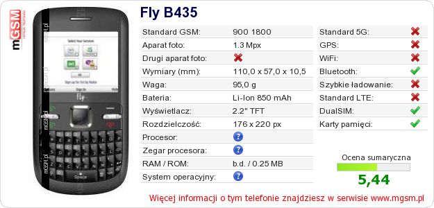 Dane telefonu Fly B435 Dane telefonu Fly B435