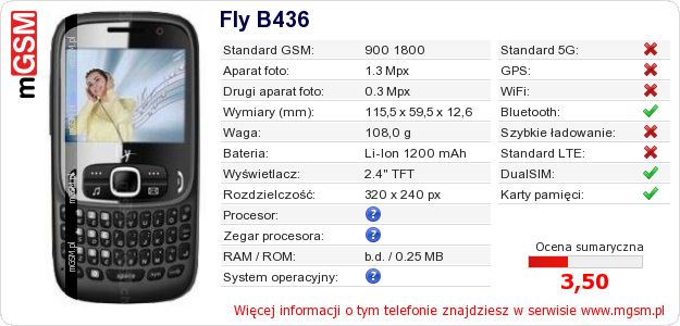 Dane telefonu Fly B436