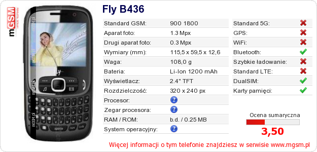 Dane telefonu Fly B436