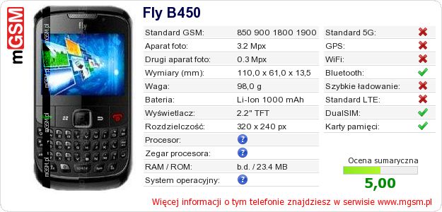 Dane telefonu Fly B450 Dane telefonu Fly B450