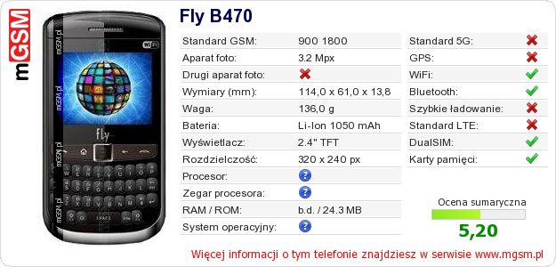 Dane telefonu Fly B470