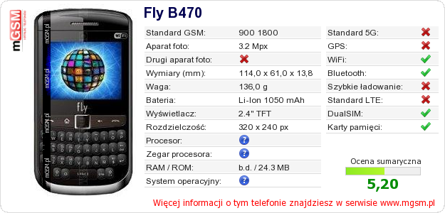 Dane telefonu Fly B470