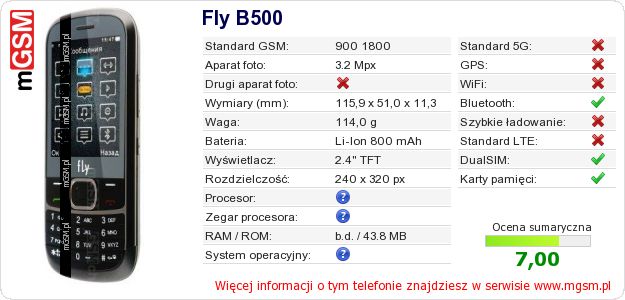 Dane telefonu Fly B500