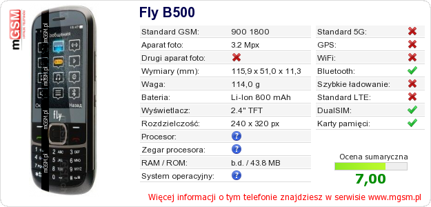 Dane telefonu Fly B500 Dane telefonu Fly B500