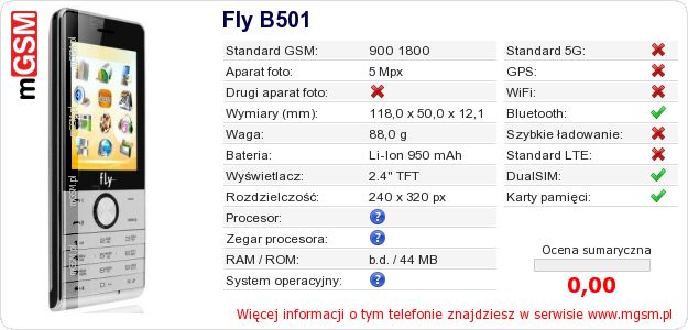 Dane telefonu Fly B501
