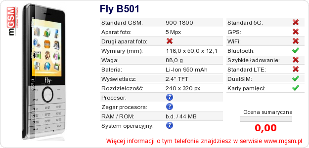 Dane telefonu Fly B501