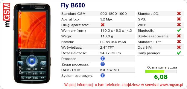 Dane telefonu Fly B600 Dane telefonu Fly B600