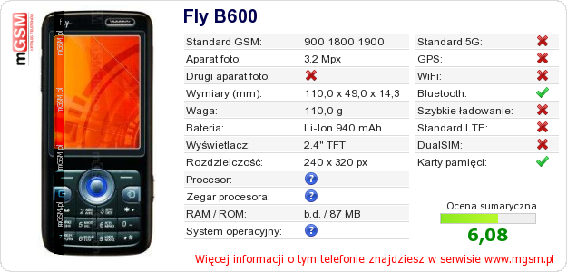 Dane telefonu Fly B600