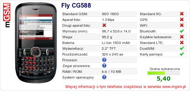 Dane telefonu Fly CG588 Dane telefonu Fly CG588