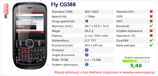 Dane telefonu Fly CG588