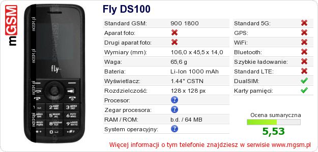 Dane telefonu Fly DS100 Dane telefonu Fly DS100