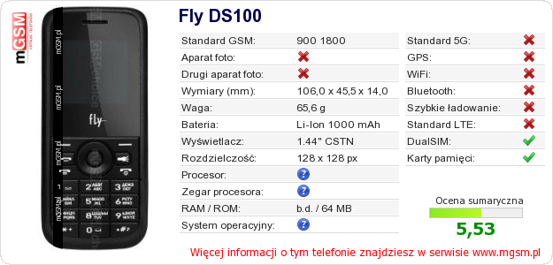 Dane telefonu Fly DS100 Dane telefonu Fly DS100