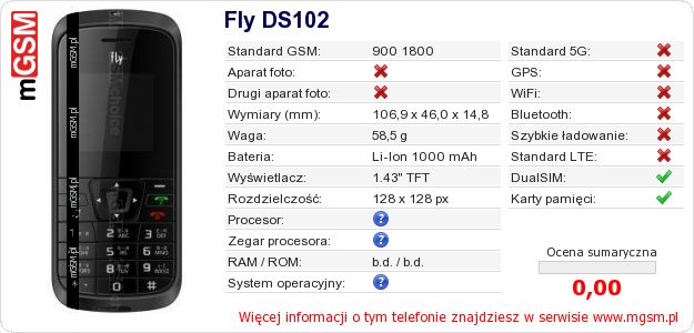 Dane telefonu Fly DS102 Dane telefonu Fly DS102