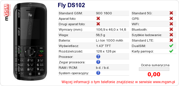 Dane telefonu Fly DS102
