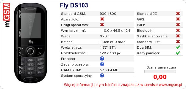 Dane telefonu Fly DS103