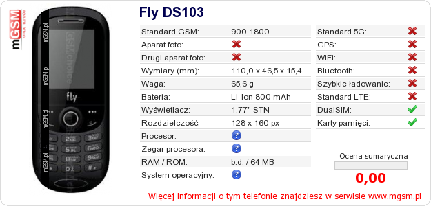 Dane telefonu Fly DS103 Dane telefonu Fly DS103