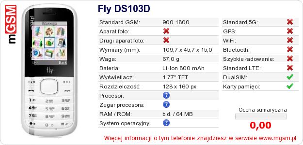 Dane telefonu Fly DS103D