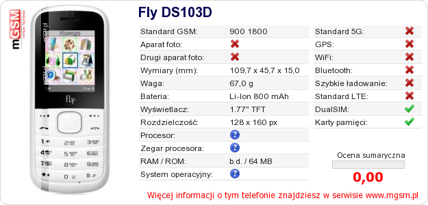 Dane telefonu Fly DS103D