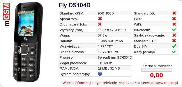 Dane telefonu Fly DS104D Dane telefonu Fly DS104D