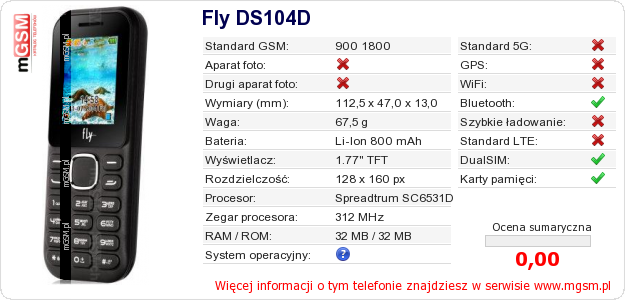 Dane telefonu Fly DS104D