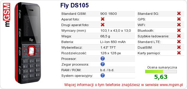 Dane telefonu Fly DS105