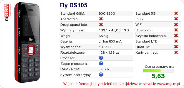 Dane telefonu Fly DS105