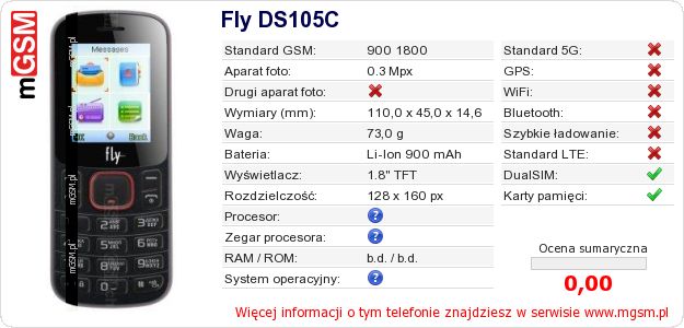Dane telefonu Fly DS105C Dane telefonu Fly DS105C