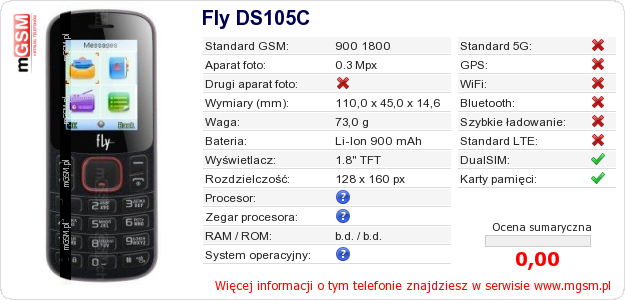 Dane telefonu Fly DS105C