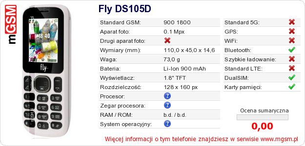 Dane telefonu Fly DS105D