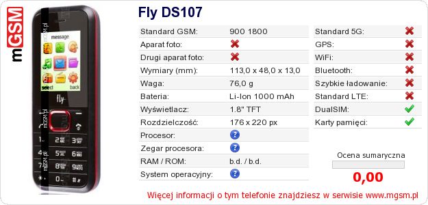 Dane telefonu Fly DS107
