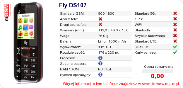 Dane telefonu Fly DS107