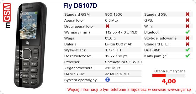 Dane telefonu Fly DS107D