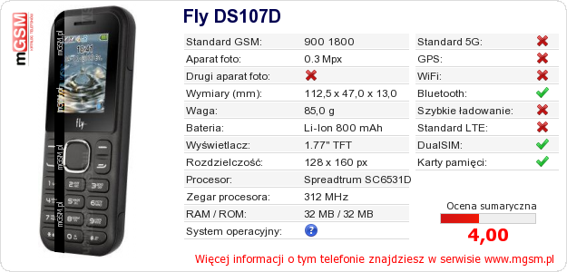 Dane telefonu Fly DS107D