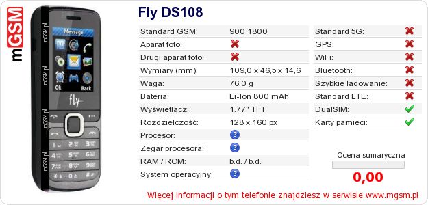 Dane telefonu Fly DS108 Dane telefonu Fly DS108
