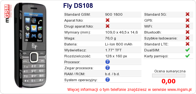 Dane telefonu Fly DS108