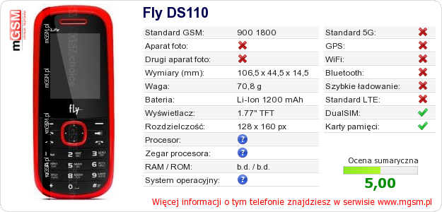Dane telefonu Fly DS110 Dane telefonu Fly DS110