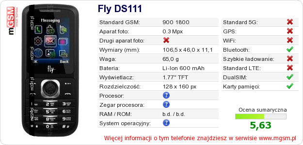 Dane telefonu Fly DS111