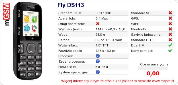 Dane telefonu Fly DS113