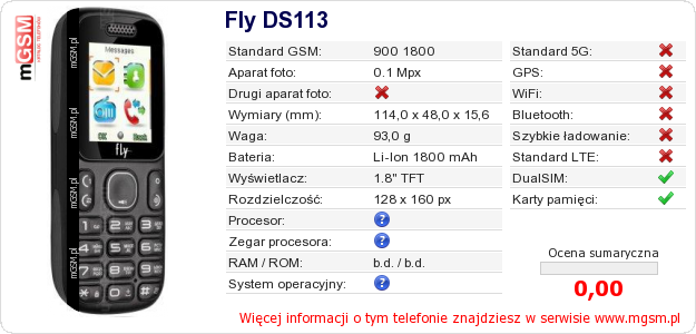 Dane telefonu Fly DS113