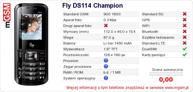 Dane telefonu Fly DS114 Champion Dane telefonu Fly DS114 Champion