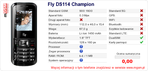 Dane telefonu Fly DS114 Champion