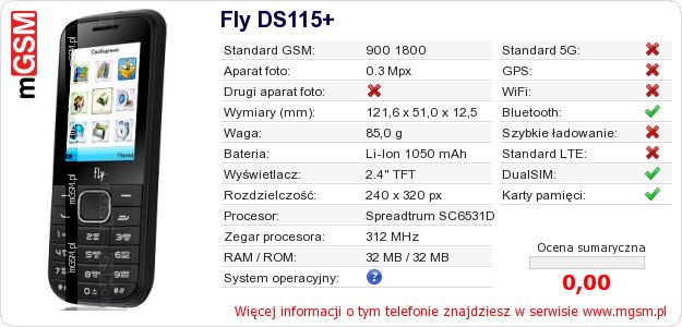 Dane telefonu Fly DS115+ Dane telefonu Fly DS115+