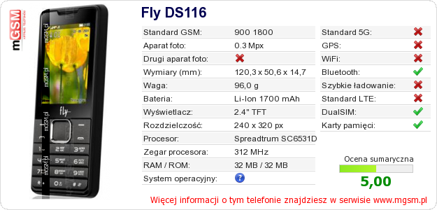 Dane telefonu Fly DS116 Dane telefonu Fly DS116