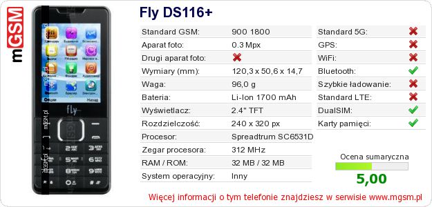 Dane telefonu Fly DS116+