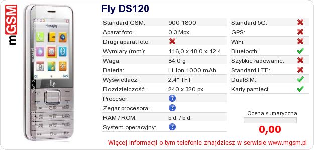 Dane telefonu Fly DS120