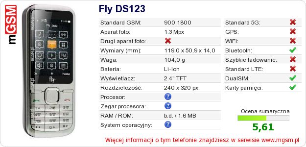 Dane telefonu Fly DS123 Dane telefonu Fly DS123