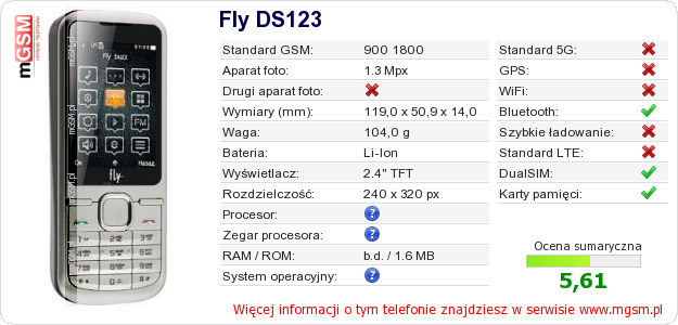 Dane telefonu Fly DS123 Dane telefonu Fly DS123